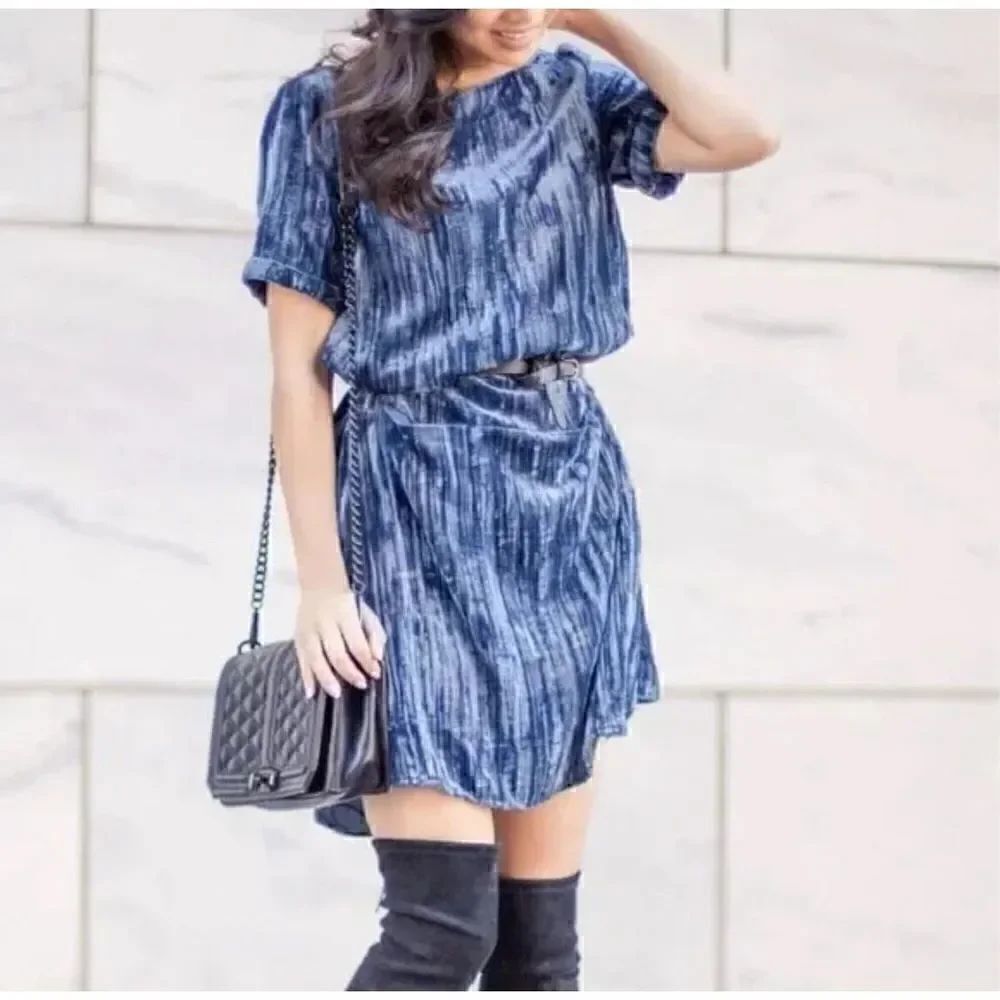 Anthropologie Floreat Crushed Velvet Shift Dress Pockets Blue Medium